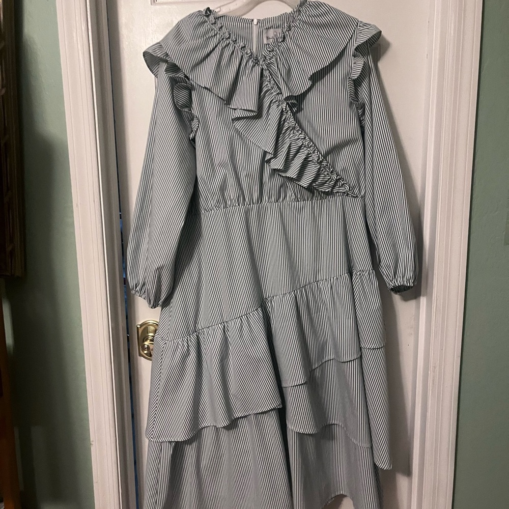 Dainty Jewells Striped Ruffle Dress - blue/green and white